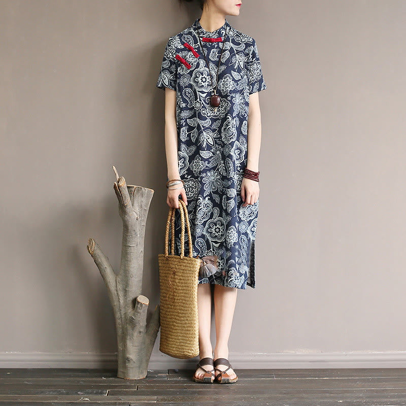 Buddha Stones Blue White Flower Frog-button Cheongsam Dresses Short Sleeve Linen Dresses With Pockets