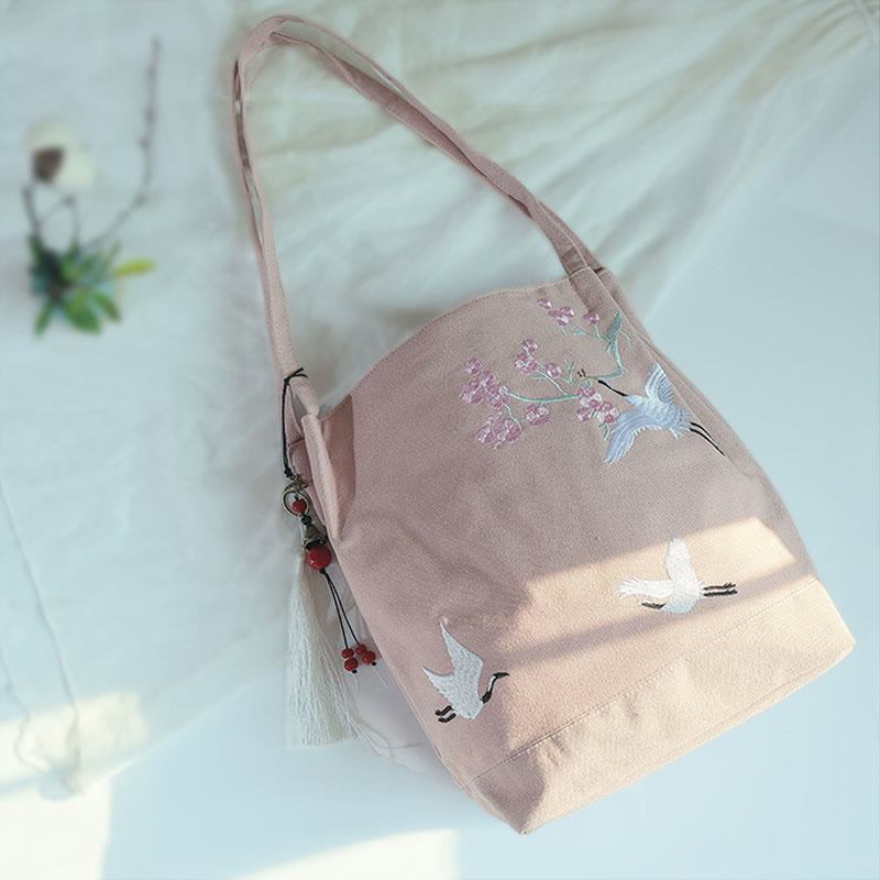 Flower Crane Plum Blossom Embroidery Canvas Large Capacity Shoulder Bag Tote Bag