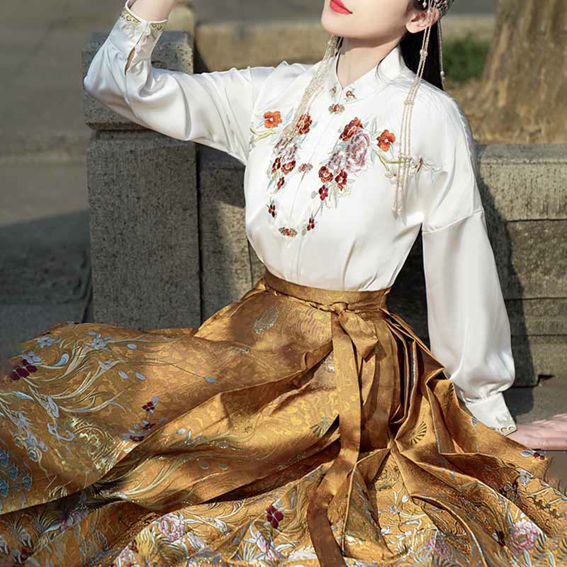 Buddha Stones Golden Flower Phoenix Embroidery Long Sleeve Shirt Top Chinese Hanfu Ming Dynasty Horse Face Skirt Mamianqun Skirt