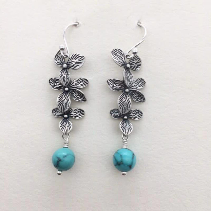 925 Sterling Silver Turquoise Lazurite Flower Leaf Serenity Protection Hook Drop Dangle Earrings - image 3