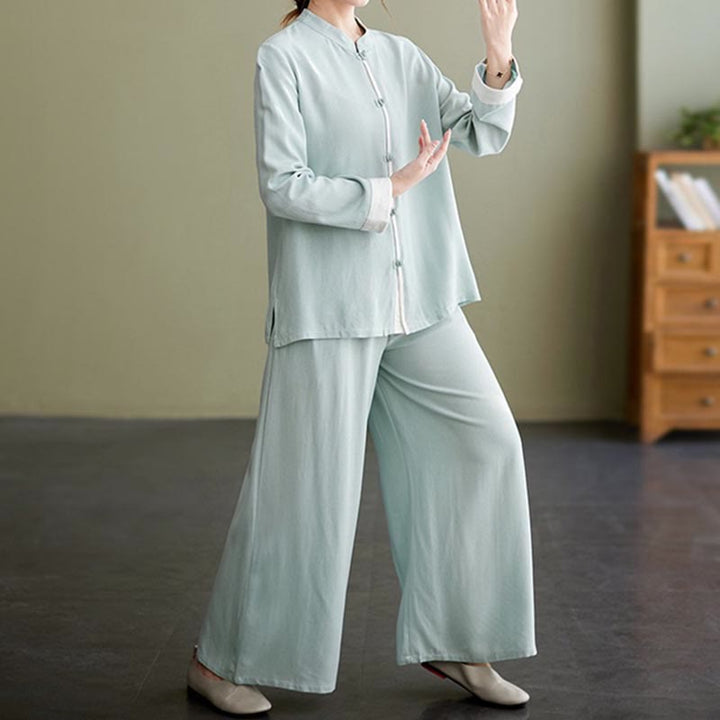 Buddha Stones 2Pcs Tang Suit Long Sleeve Shirt Top Pants Meditation Zen Tai Chi Cotton Linen Clothing Women's Set