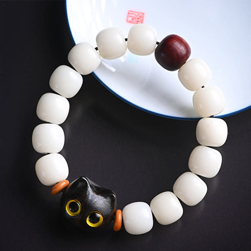 Buddha Stones Natural Bodhi Seed Small Leaf Red Sandalwood Ebony Wood Cute Lucky Cat Wisdom Bracelet - image 5