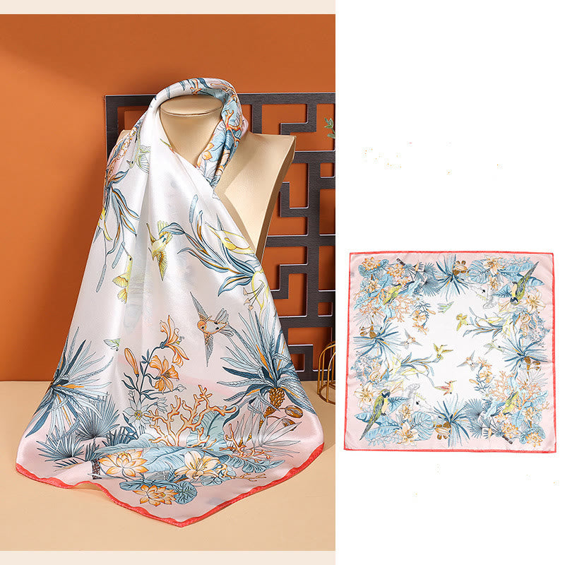Buddha Stones Pastoral Scene Hot Air Balloon Spring Blossom 100% Mulberry Silk Neck Hair Scarf - Flowers Birds Pink Border - image 37