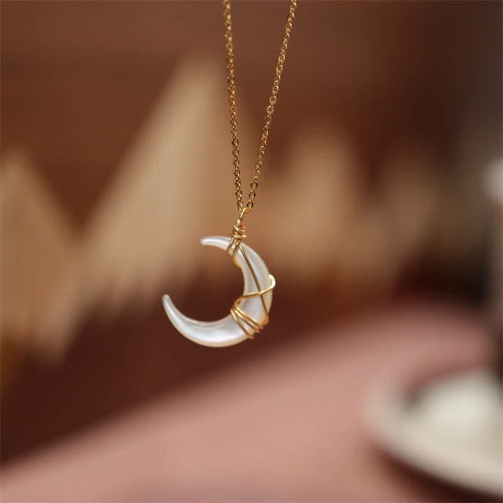 Buddha Stones Natural Tridacna Stone Crescent Moon Blessing Necklace Pendant