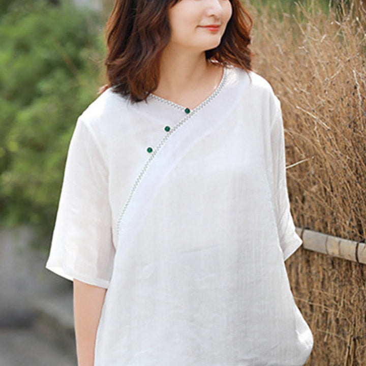 Buddha Stones V-Neck Ramie Linen Loose Casual Blouse Short Sleeve Shirt Chinese Style Top