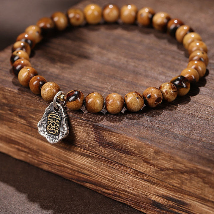 Buddha Stones 925 Sterling Silver Natural Golden Sea Willow Zakiram Goddess of Wealth Lucky fortune Fu Character Success Bracelet