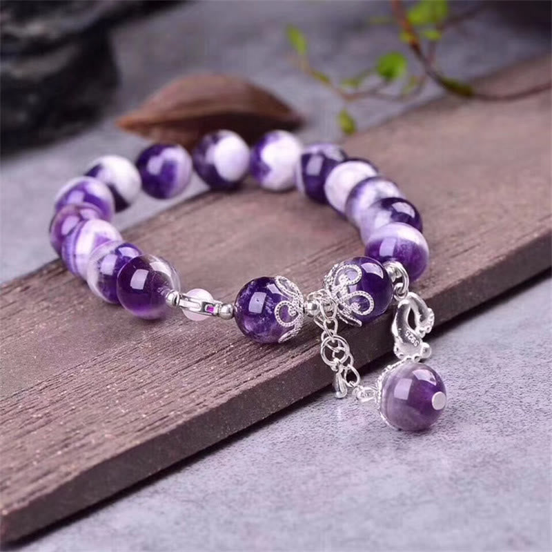 Buddha Stones 925 Sterling Silver Natural Amethyst Healing Feet Love Heart Charm Bracelet - image 2