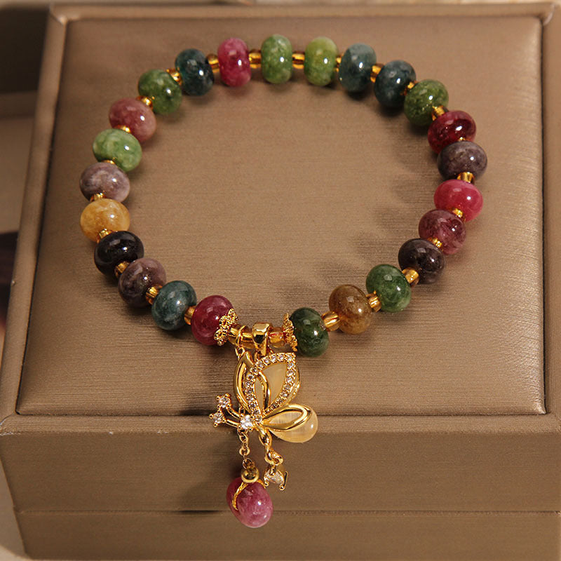 Buddha Stones Colorful Tourmaline Butterfly Charm Wisdom Bracelet