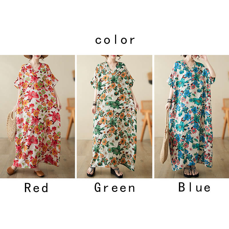 Buddha Stones Red Blue Green Flowers Midi Dress Cotton Half Sleeve Dress With Pockets