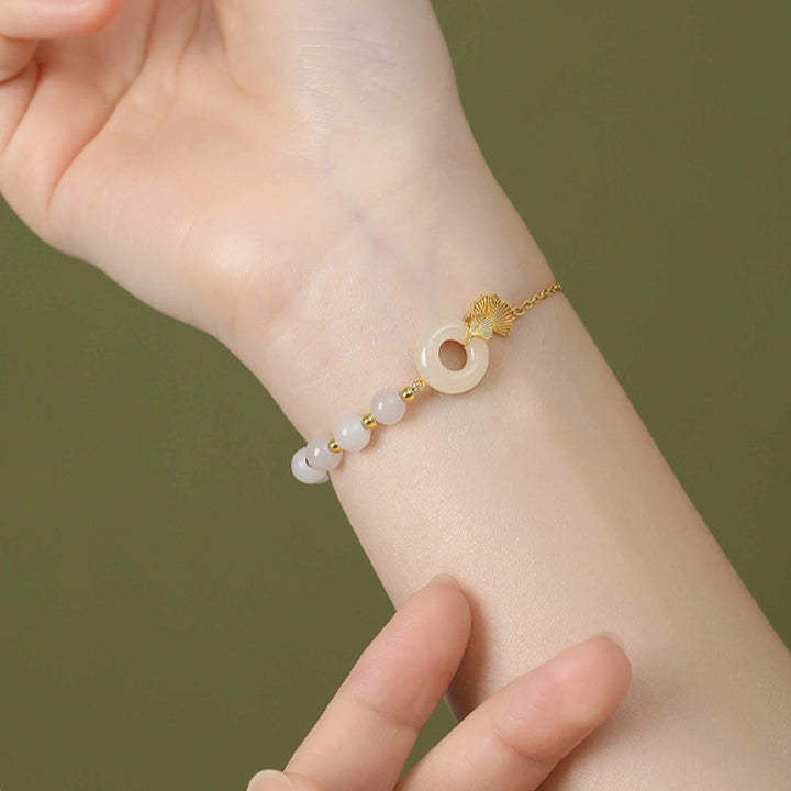 Buddha Stones 925 Sterling Silver Hetian White Jade Peace Buckle Ginkgo Leaf Luck Bracelet - image 5