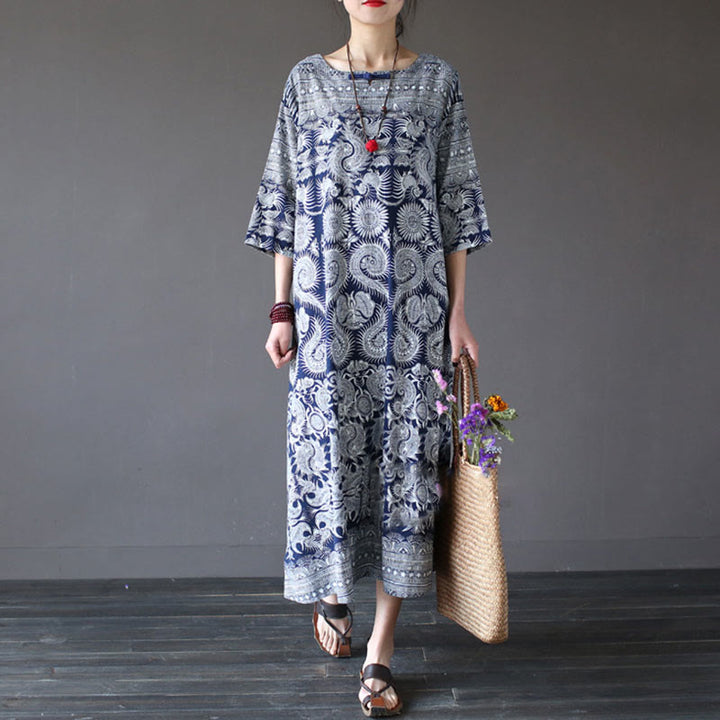 Buddha Stones Blue White Flower Printed Button Midi Dress Three Quarter Sleeve Cotton Linen Dress With Pockets