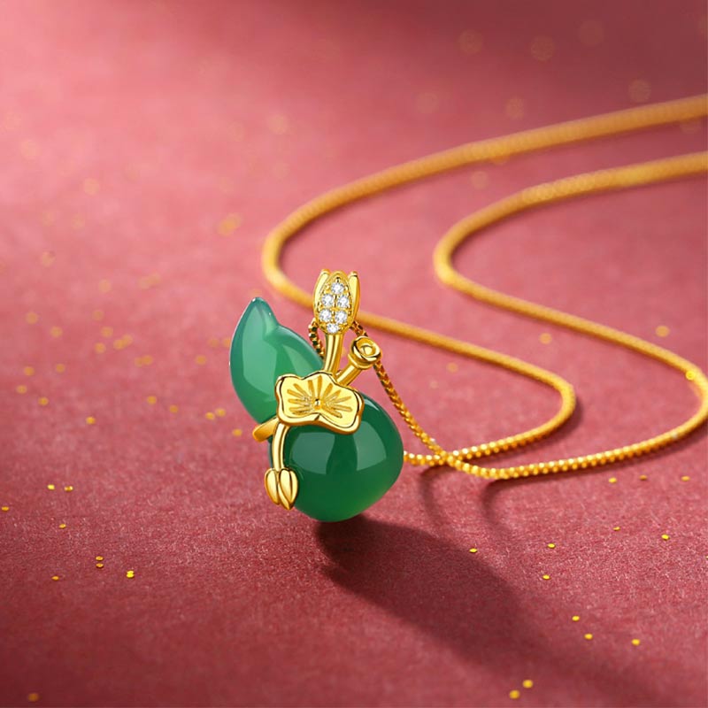 Buddha Stones Cyan Jade Gourd Lotus Leaf Abundance Pendant Necklace - image 2