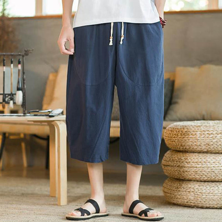 Buddha Stones Solid Color Mid-length Linen Men's Wide Leg Pants With Pockets