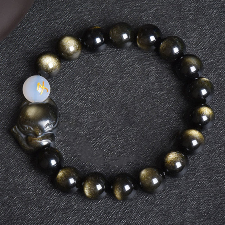 Buddha Stones Natural Rainbow Obsidian Gold Sheen Obsidian Silver Sheen Obsidian Fox Healing Bracelet