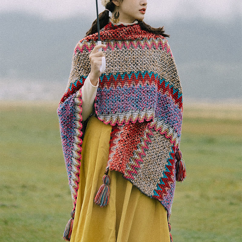 Buddha Stones Tibetan Shawl Warm Cloak Tibetan Tassel Scarf - Red Cardigan - image 0