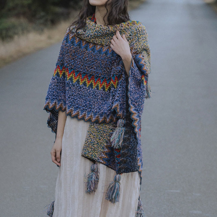 Buddha Stones Tibetan Shawl Soft Warm Knitting Cloak Winter Tibetan Tassel Scarf - image 4