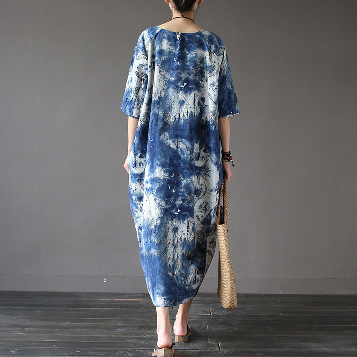 Buddha Stones Ink Tie Dye Midi Dress Three Quarter Sleeve Cotton Linen Dress With Pockets