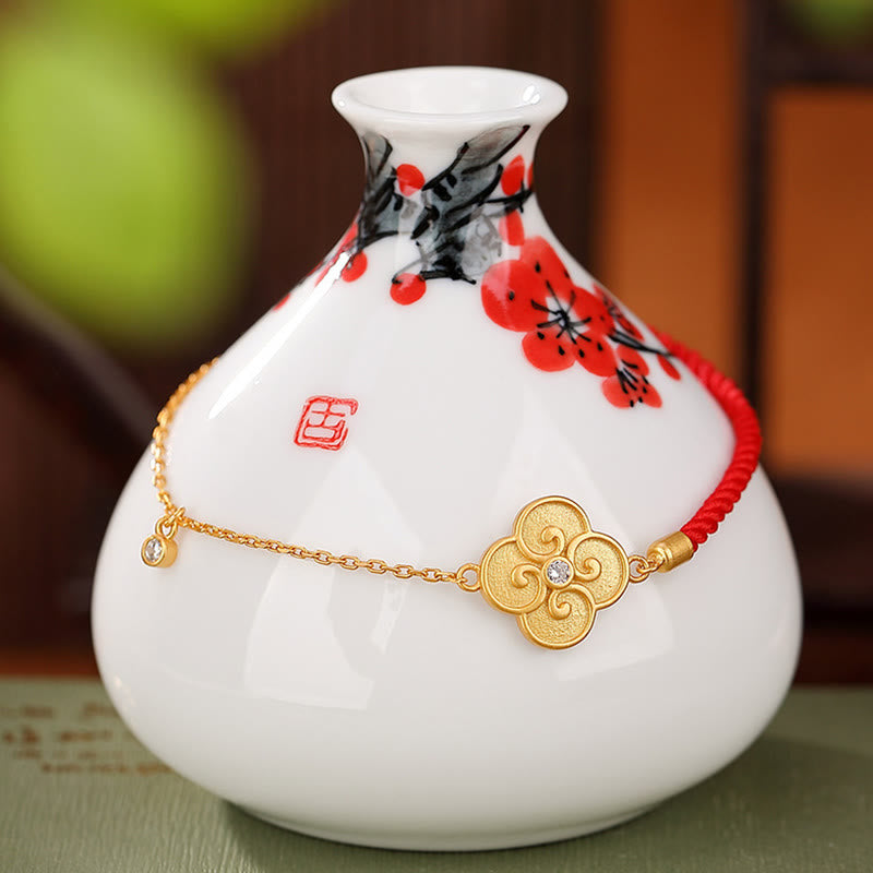 Buddha Stones 925 Sterling Silver Plated Gold Four Leaf Clover Zircon Luck Bracelet - image 1