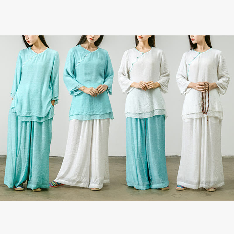 Buddha Stones 2Pcs Tang Suit Shirt Top Pants Meditation Zen Tai Chi Tencel Clothing Women's Set