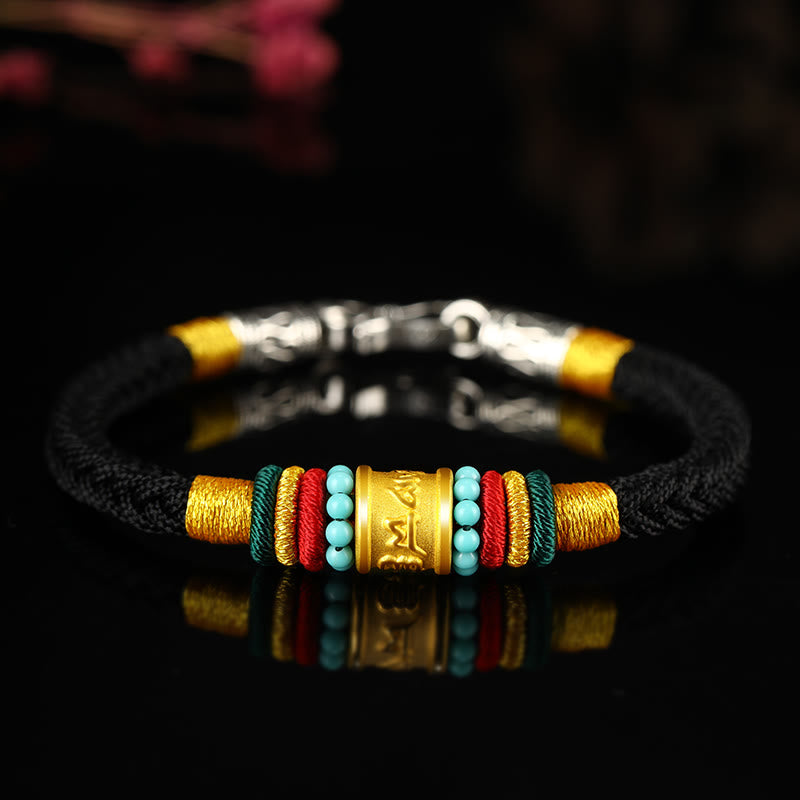 Buddha Stones Tibet 999 Gold Om Mani Padme Hum Handmade Eight Thread Peace Knot Luck Bracelet - Turquoise Silver Buckle Black Rope - 19cm - image 17