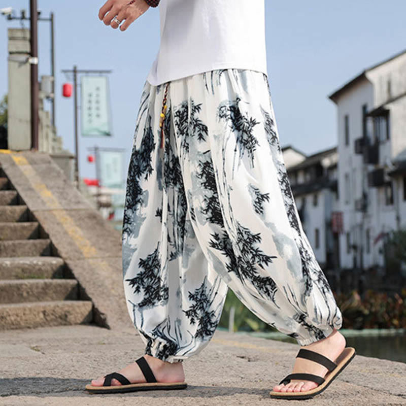 Buddha Stones Bamboo Leaves Pattern Loose Men's Harem Pants With Pockets