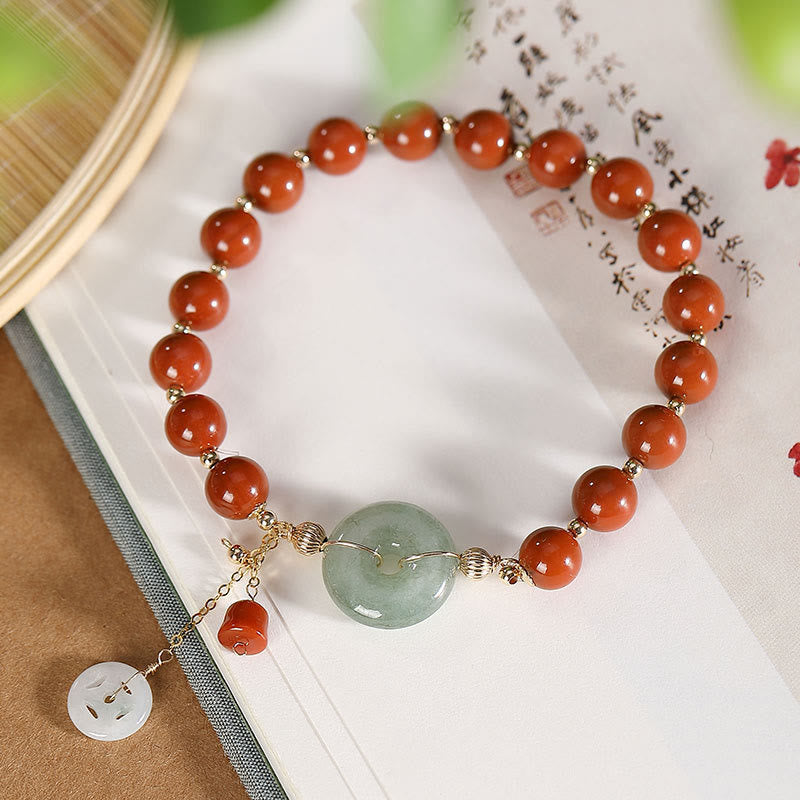 Buddha Stones 14k Gold Filled Jade Red Agate Peace Buckle Copper Coin Gourd Confidence Bracelet