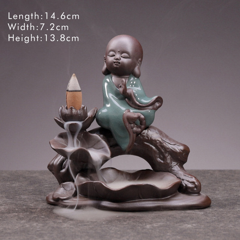 Buddha Stones Little Monk Ceramic Lotus Blessing Incense Burner Decoration - Wishing Little Monk - image 4
