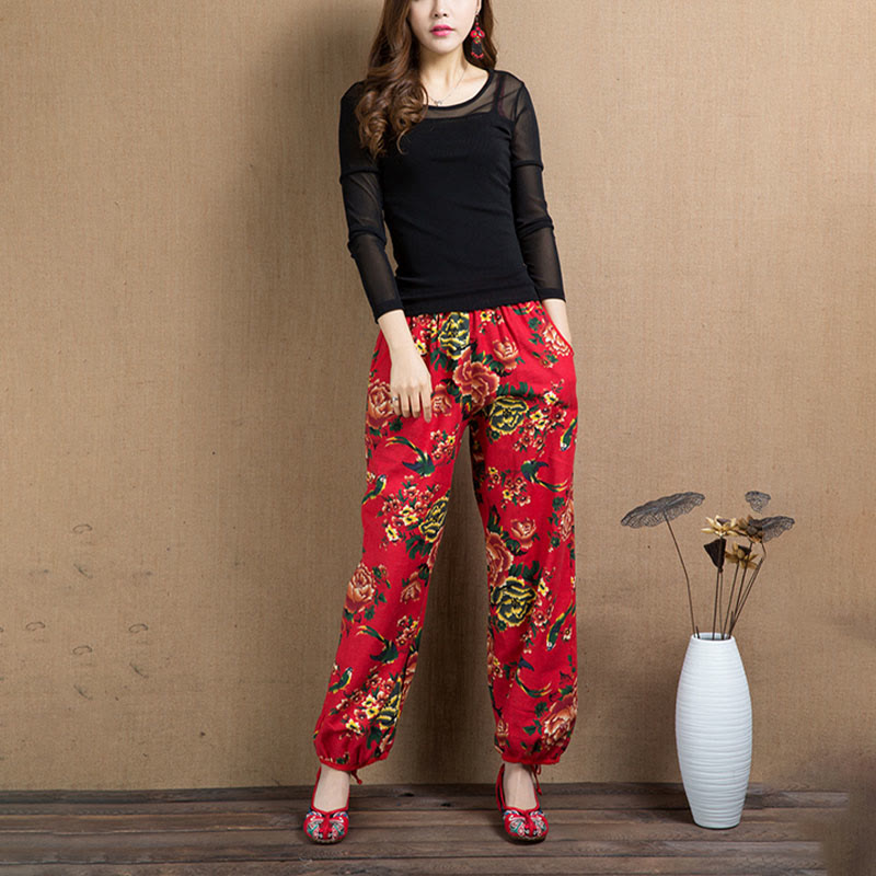 Buddha Stones Ethnic Style Red Green Flowers Print Harem Pants With Pockets