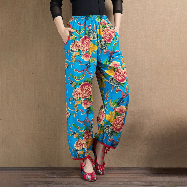 Buddha Stones Ethnic Style Red Green Flowers Print Harem Pants With Pockets