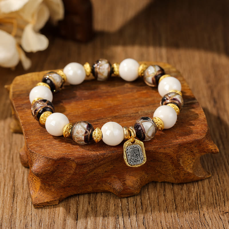 Buddha Stones Tibetan Zakiram Goddess of Wealth Charm Liuli Glass Incense Ash Porcelain Bead Protection Bracelet - White Porcelain - White Liuli Glass Bead - image 5