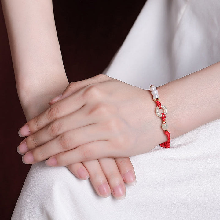 Buddha Stones 925 Sterling Silver Plated Gold Hetian Jade Peace Buckle Pearl Luck Bracelet - image 4