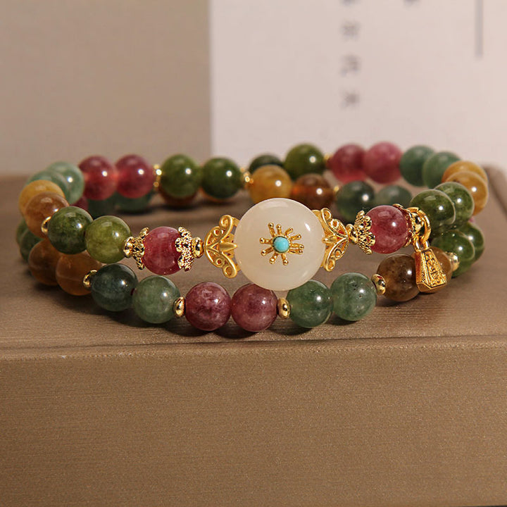 Buddha Stones Natural Multicolored Tourmaline Positive Jade Flower Double Wrap Bracelet