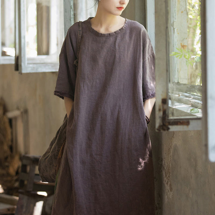 Buddha Stones Mid Length Dress Ramie Linen Half Sleeve Split Hem Top T-Shirt