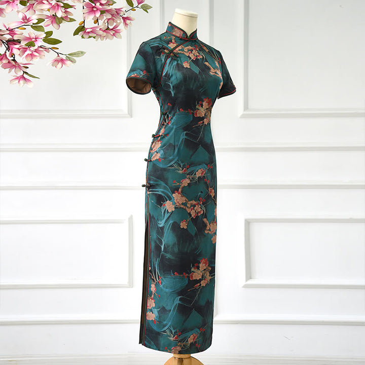 Buddha Stones Vintage Pink Flowers Print Cheongsam Dress Women's Qipao Dress