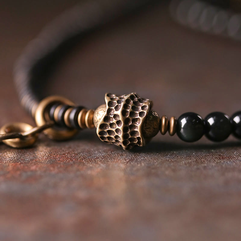 Buddha Stones Rainbow Obsidian Ebony Wood Copper Positive Multilayer Bracelet