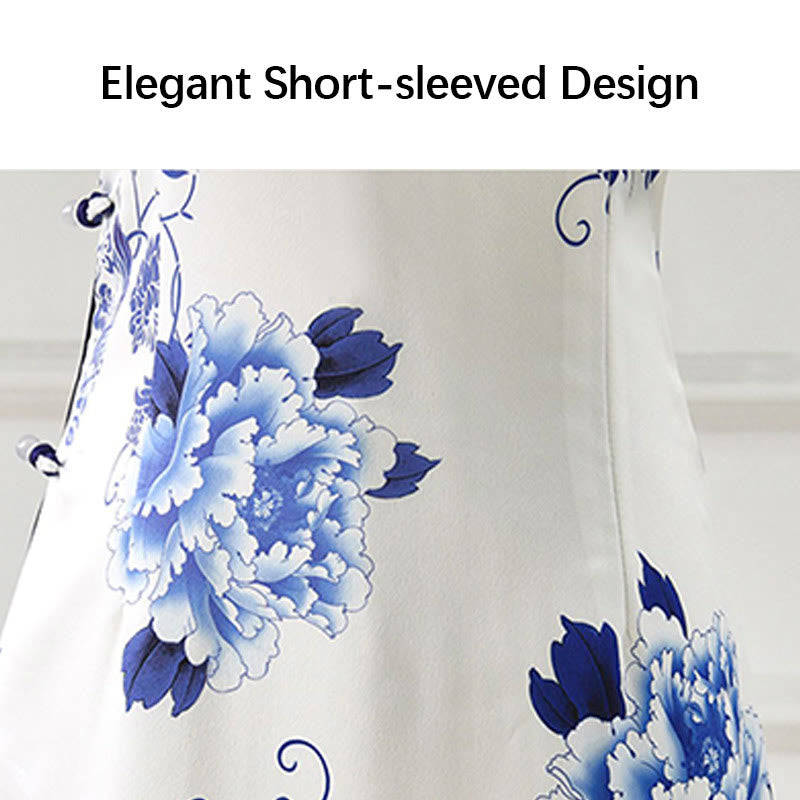 Buddha Stones Blue And White Porcelain Color Peony Flower Pattern Cheongsam Dress Women's Qipao Dress