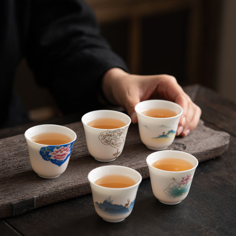 Buddha Stones Lotus Flower Leaf Mountain Pavilion Elk Peony Ceramic Teacup Kung Fu Tea Cup