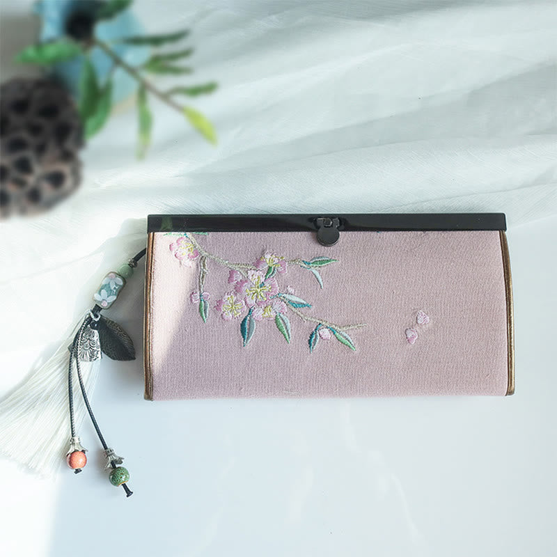 Flower Plum Peach Blossom Bamboo Double-sided Embroidery Large Capacity Cash Holder Wallet Shopping Purse