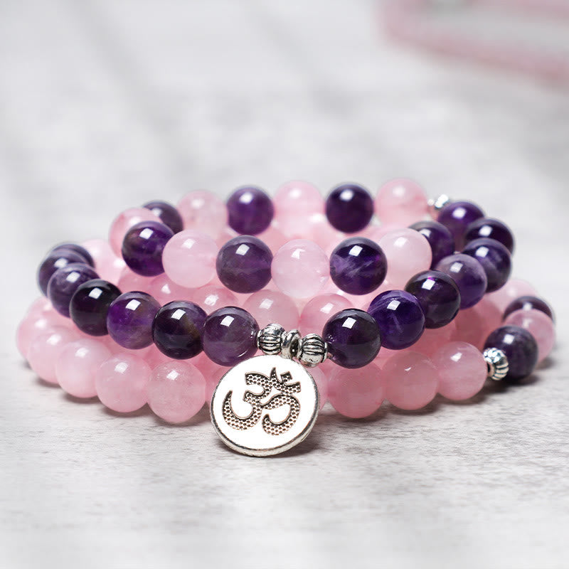 Buddha Stones Natural Rose Quartz & Amethyst Mala Bead Lotus Pendant Bracelet - image 4