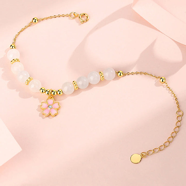 Buddha Stones 925 Sterling Silver Hetian White Jade Cherry Blossom Protection Bracelet - image 5