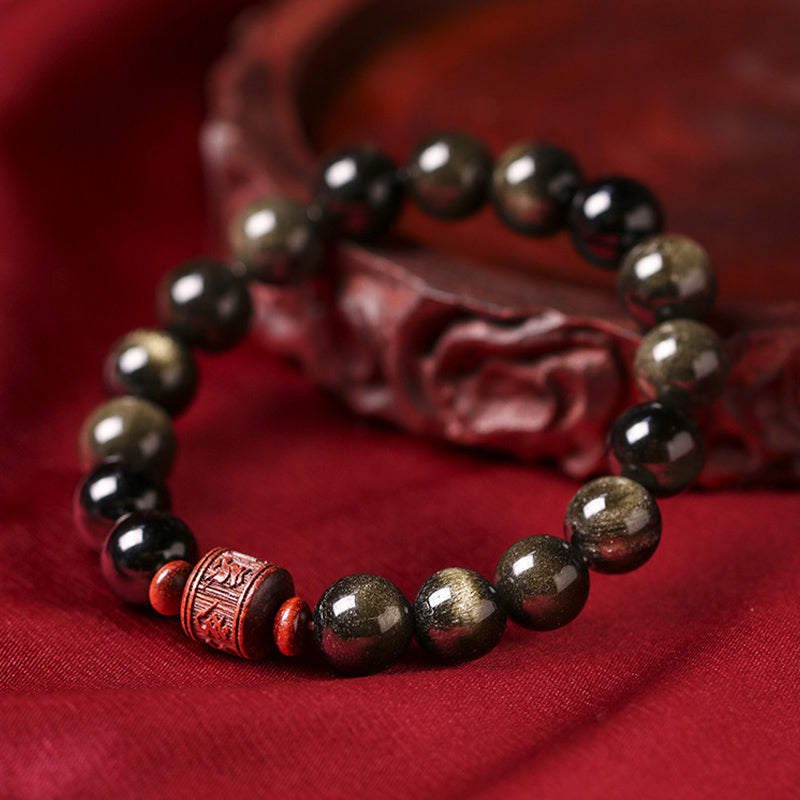 Buddha Stones Natural Gold Sheen Obsidian Rainbow Obsidian Om Mani Padme Hum Fu Character Healing Bracelet