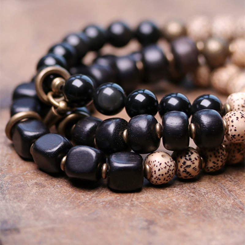 Buddha Stones Tibetan Bodhi Seed Black Obsidian Ebony Wood Copper Peace Bracelet