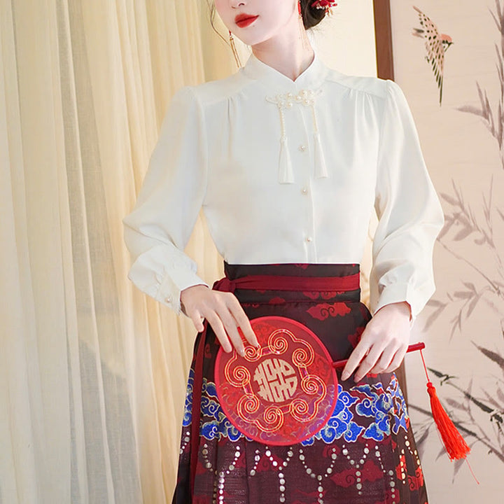 Buddha Stones Long Sleeve Shirt Top Chinese Hanfu Crane Blue Auspicious Clouds Horse Face Skirt Mamianqun