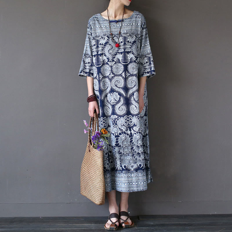 Buddha Stones Blue White Flower Printed Button Midi Dress Three Quarter Sleeve Cotton Linen Dress With Pockets