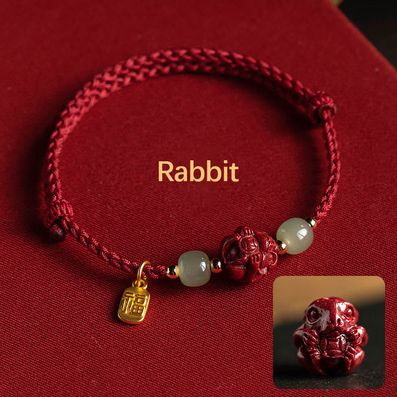 Buddha Stones Natural Cinnabar Chinese Zodiac Hetian Jade Fu Character Luck Rope Bracelet