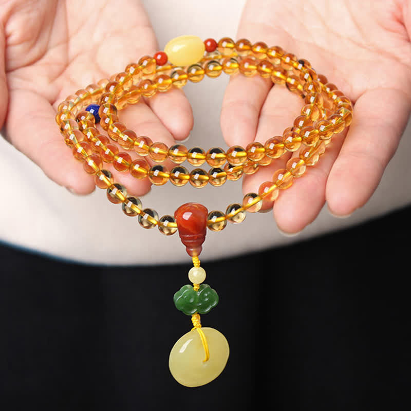 108 Mala Beads Natural Citrine Amber Peace Buckle Red Agate PiXiu Protection Charm Bracelet - image 4