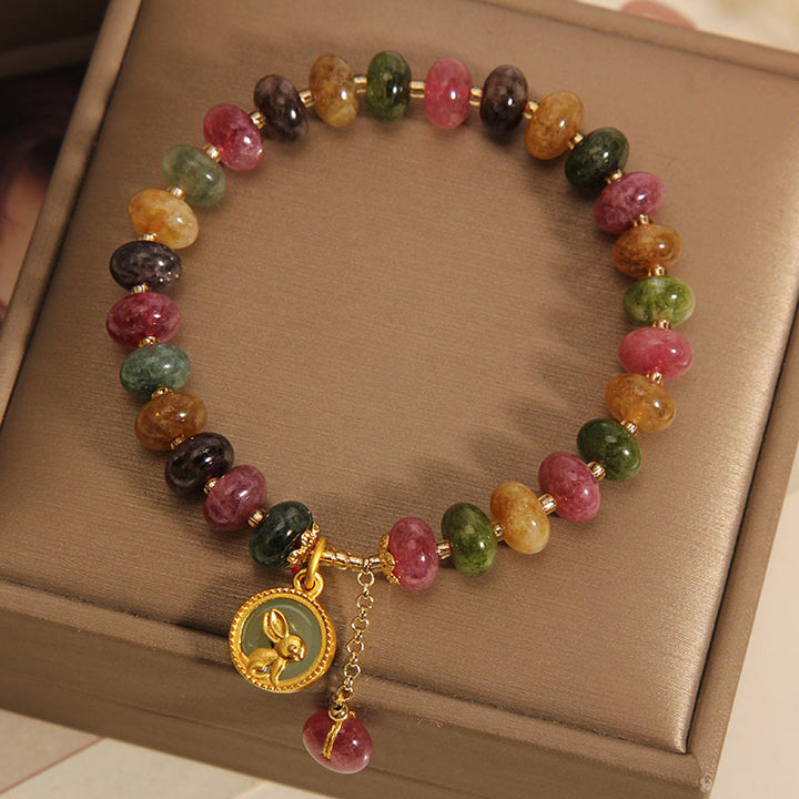 Buddha Stones Natural Colorful Tourmaline Cute Rabbit Charm Positive Bracelet