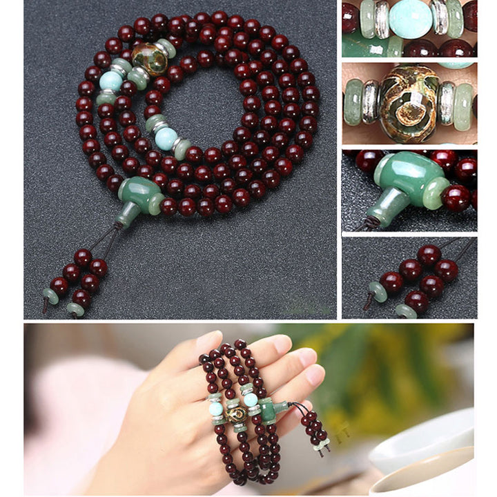 Buddha Stones 108 Beads Small Leaf Red Sandalwood Green Aventurine Amazonite Luck Healing Bracelet Mala