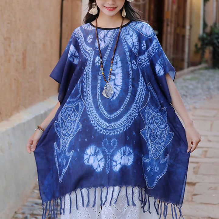 Buddha Stones Blue Geometry Batik Shawl Tassels Cozy Travel Pullover 90*95cm