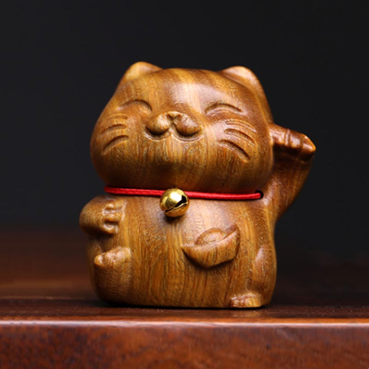 Buddha Stones Green Sandalwood Small Mini Cute Lucky Cat Peace Decorations - Green Sandalwood 4.5*5cm - image 0